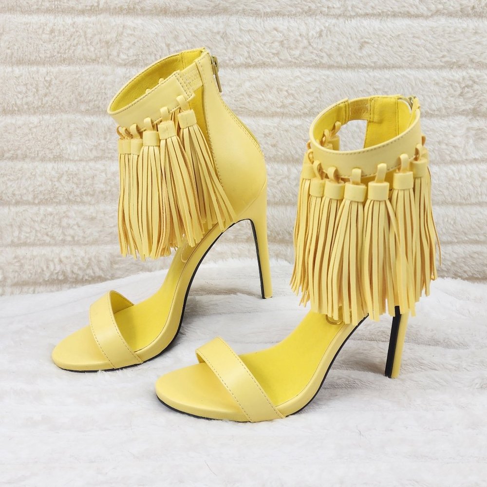 Privileged Elia Tassel Fringe Ankle Strap High Heels Butter Yellow